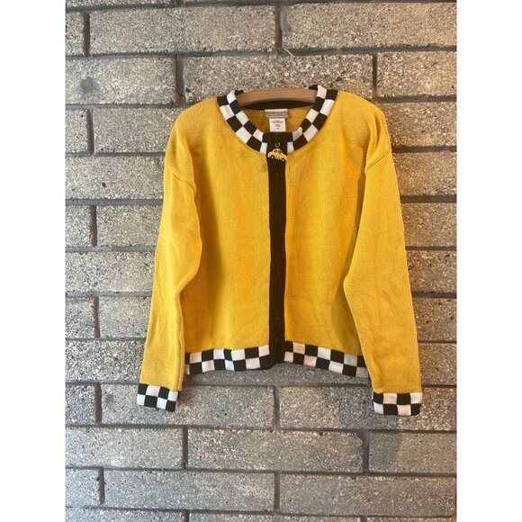 Coldwater Creek Sweaters - Coldwater Creek Yellow Knit Zip Cardigan With Taxi Charm & Checkerboard Trim M T
